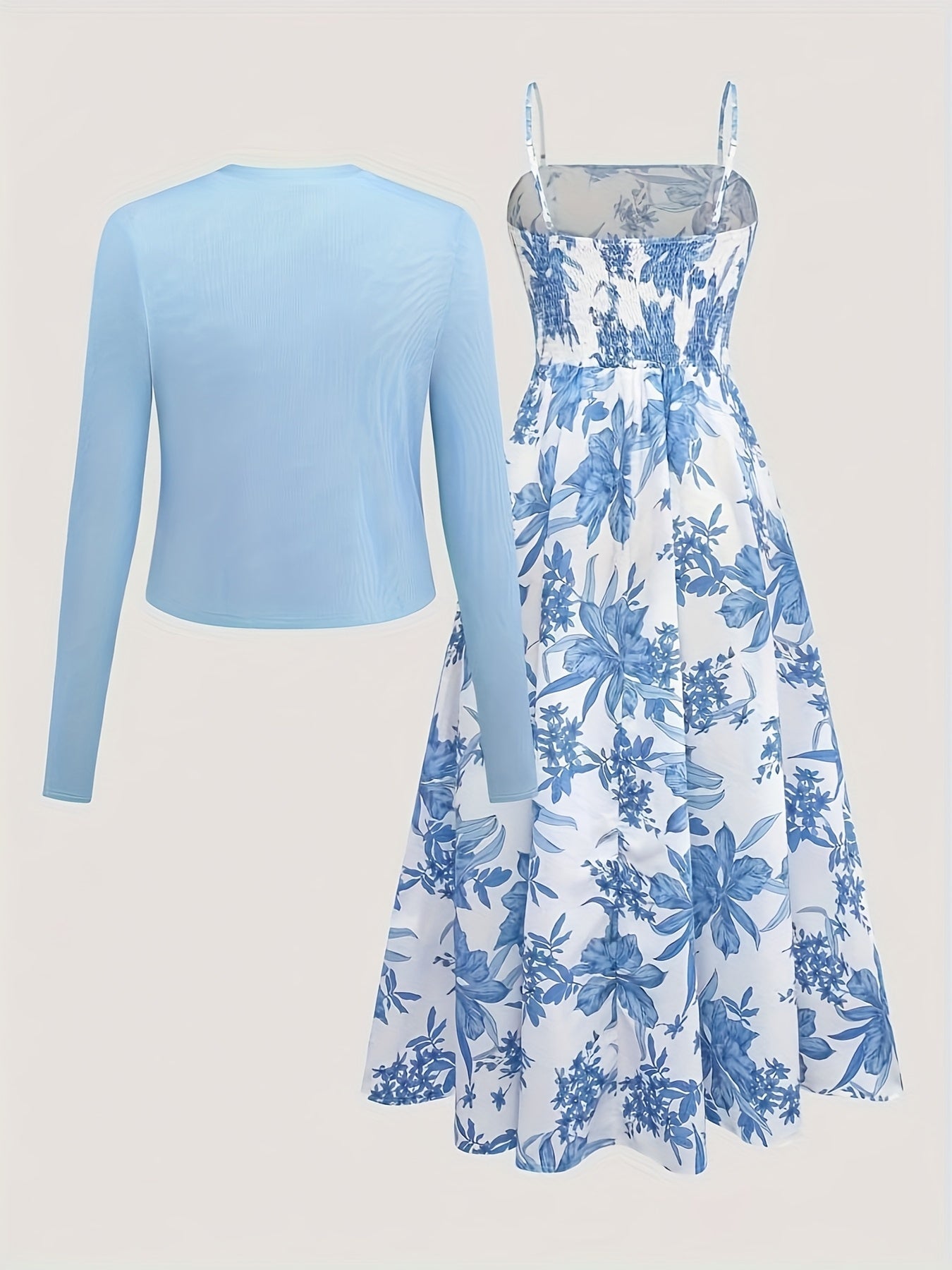 Women's Midi Dress with Floral Pattern and Cardigan Set – Elegant Casual Look for Spring and Summer