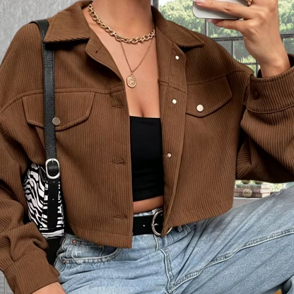 Short women's corduroy jacket with a collar and chest pockets