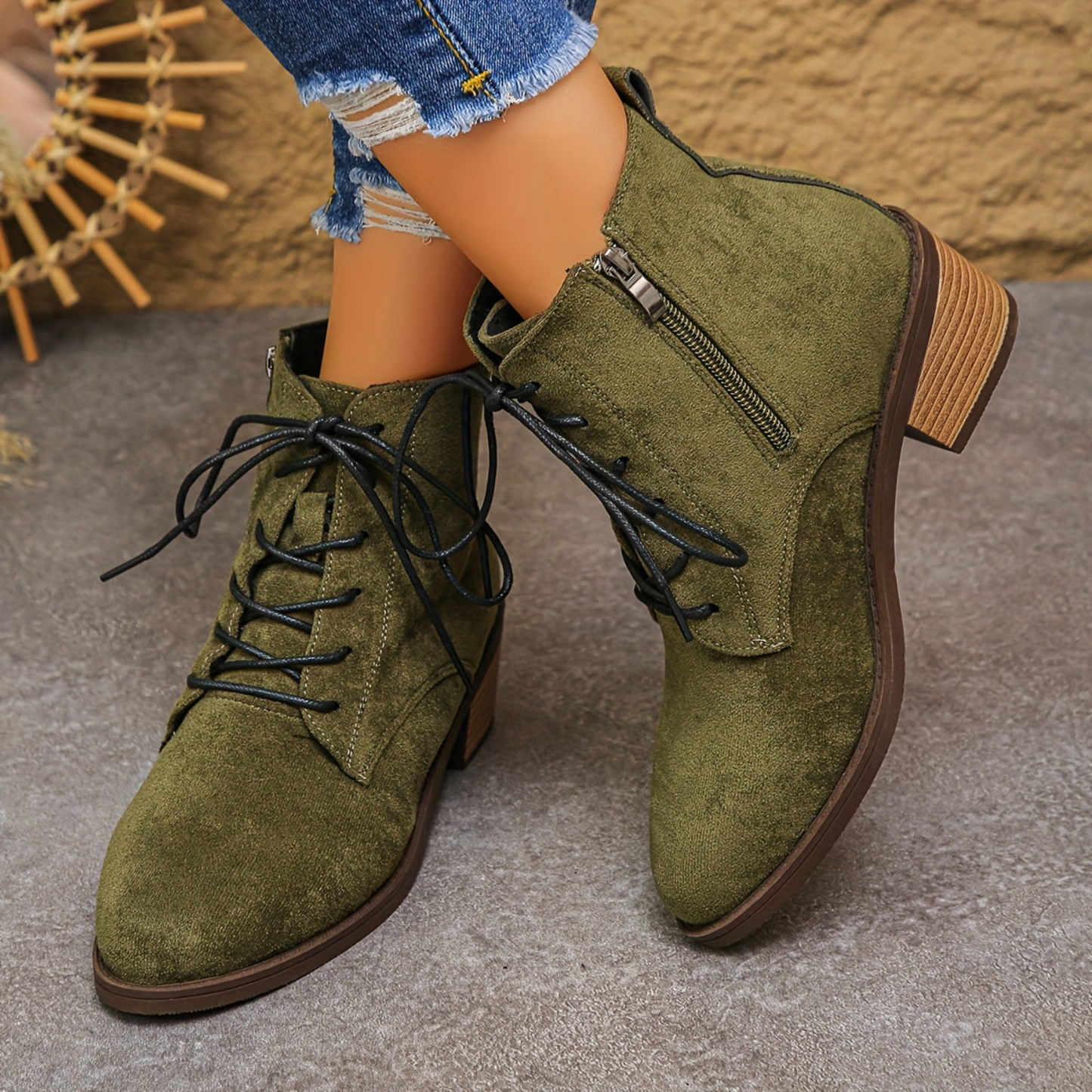 Women's lace-up ankle boots with block heels and a zipper