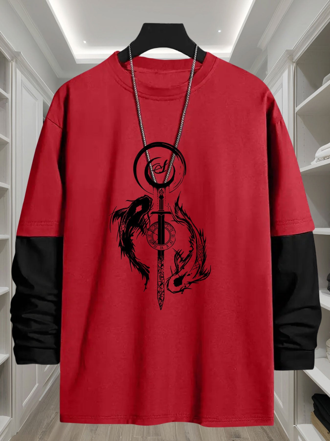 Unisex long-sleeve shirt with layered look, sword and fish graphic, black and white