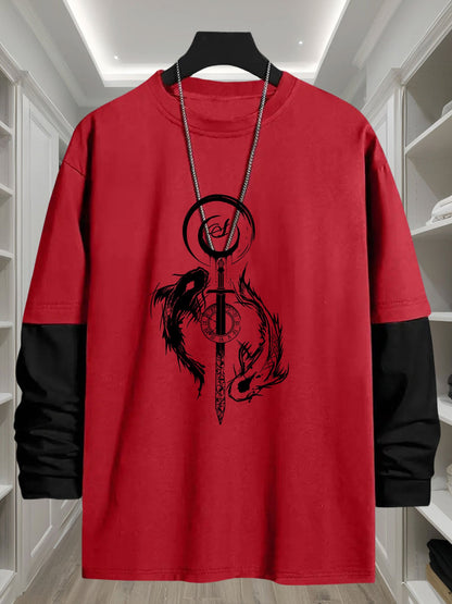 Unisex long-sleeve shirt with layered look, sword and fish graphic, black and white