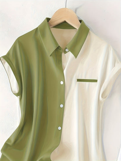 Women's Elegant Colorblock Blouse with Flutter Sleeves and Button Placket – Summer Business Casual