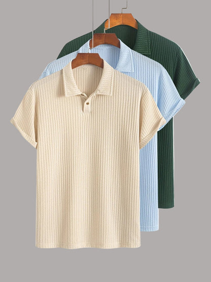 Men's Short-Sleeve Polo Shirt Set – Modern Waffle Pattern, Classic Casual Style, 3-Pack
