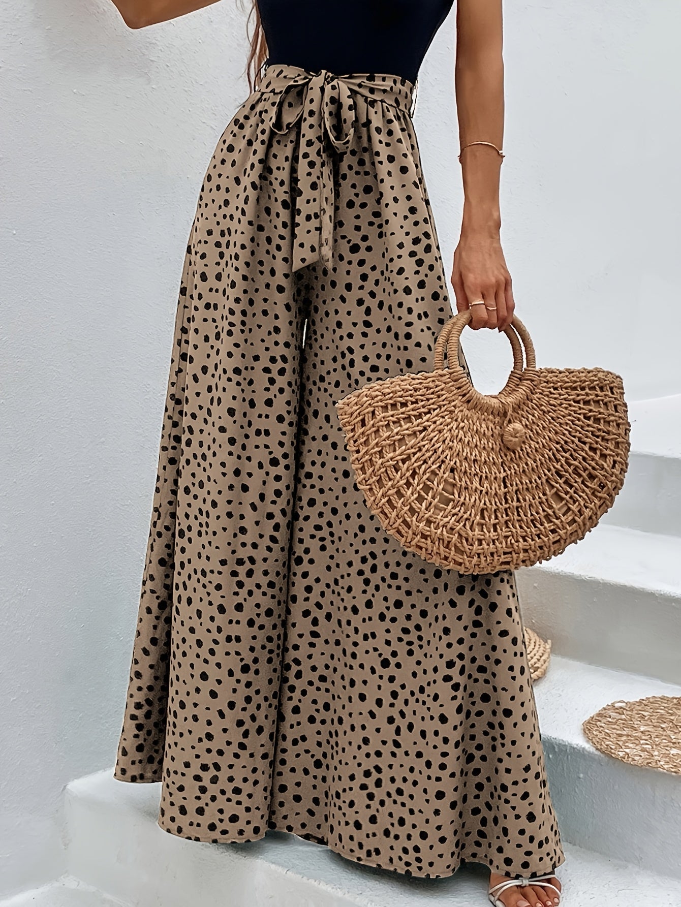 Women's Wide Palazzo Pants with Dots and Tie Belt – Elegant Spring and Summer Style