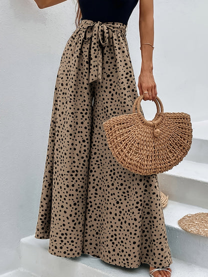 Women's Wide Palazzo Pants with Dots and Tie Belt – Elegant Spring and Summer Style