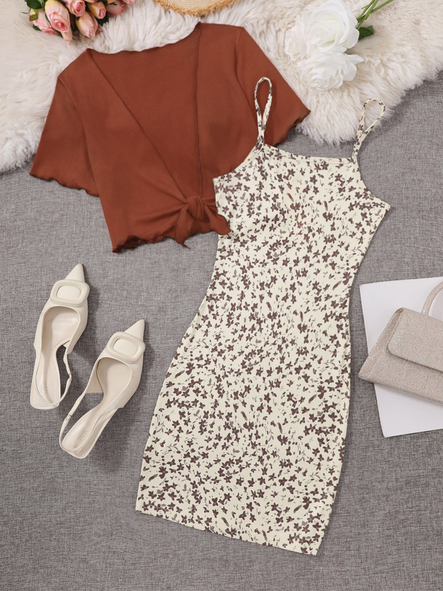 Women's Elegant 2-Piece Set – Floral Summer Dress with Spaghetti Straps and Knot Top, Perfect for Casual and Going Out