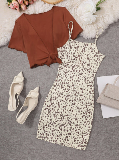 Women's Elegant 2-Piece Set – Floral Summer Dress with Spaghetti Straps and Knot Top, Perfect for Casual and Going Out
