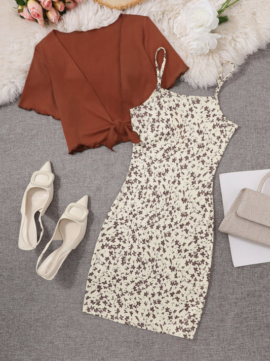 Women's Elegant 2-Piece Set – Floral Summer Dress with Spaghetti Straps and Knot Top, Perfect for Casual and Going Out