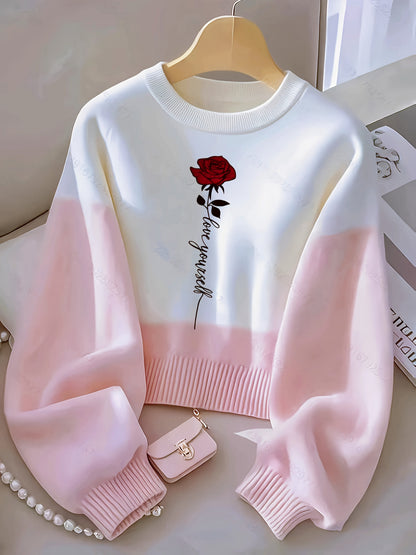Women's sweatshirt with rose print, long sleeves, crew neck, white-pink