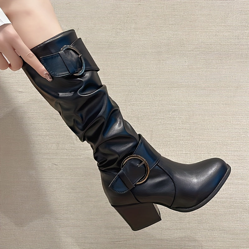 Damen Stiefel mit Schnallen Mid-Calf Blockabsatz Schwarz Braun