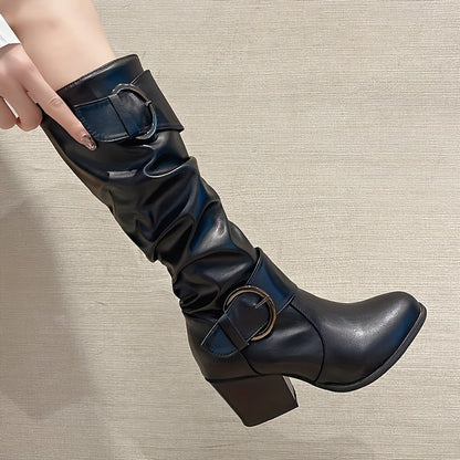 Damen Stiefel mit Schnallen Mid-Calf Blockabsatz Schwarz Braun