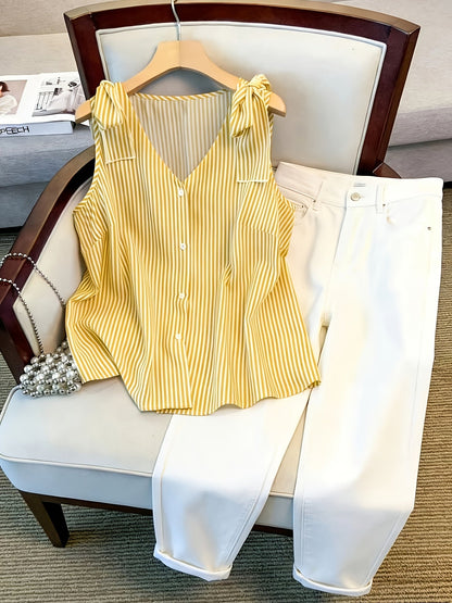 Women's blouse top with stripe pattern and button placket – Elegant V-neck, ideal for office and everyday wear