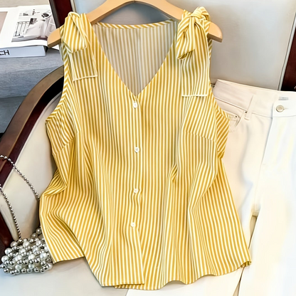 Women's blouse top with stripe pattern and button placket – Elegant V-neck, ideal for office and everyday wear