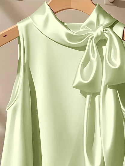 Women's Elegant Sleeveless Blouse with Bow and Stand Collar – Perfect for Going Out or Office