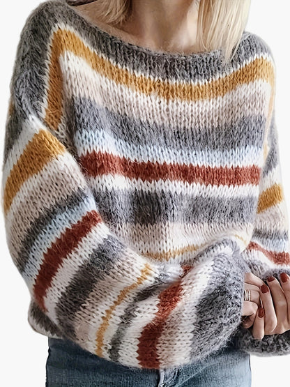 Damen Strickpullover im lässigen Oversize-Stil mit Streifen – Perfekt für Herbst und Winter