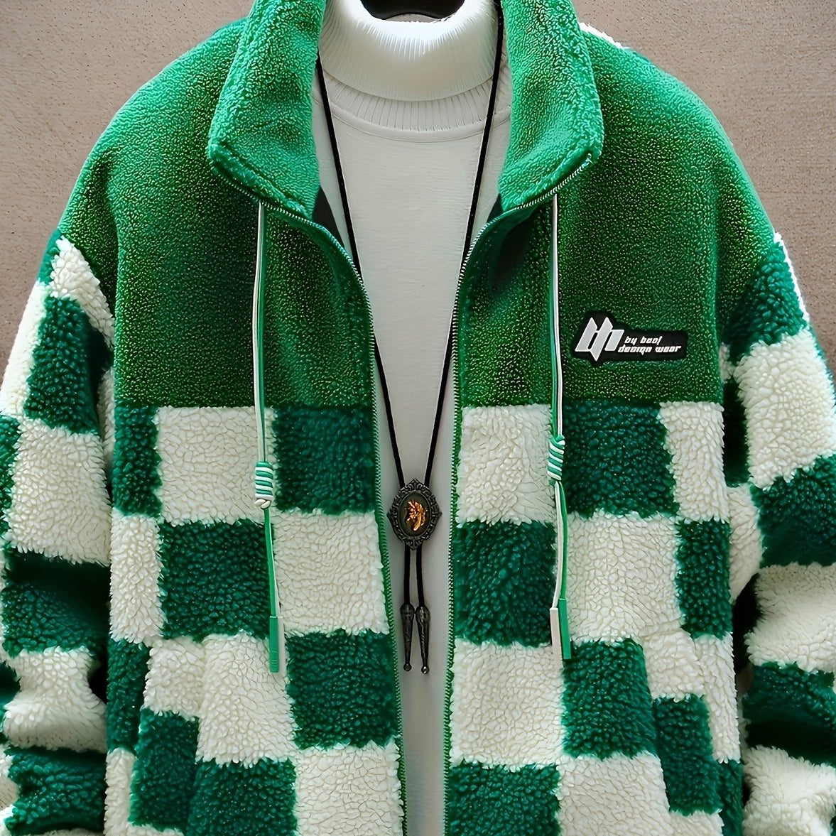 Unisex Fleecejacke mit Schachbrettmuster Reißverschluss Stehkragen