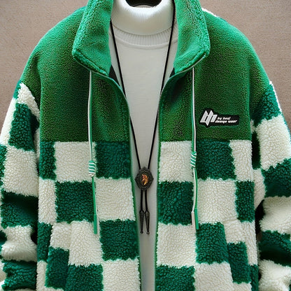 Unisex Fleecejacke mit Schachbrettmuster Reißverschluss Stehkragen