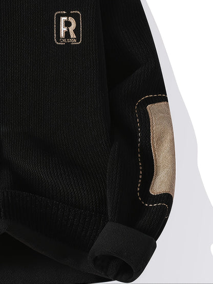 Unisex Langarm Pullover mit Ellbogen-Patches, Rundhalsausschnitt, gerippter Saum