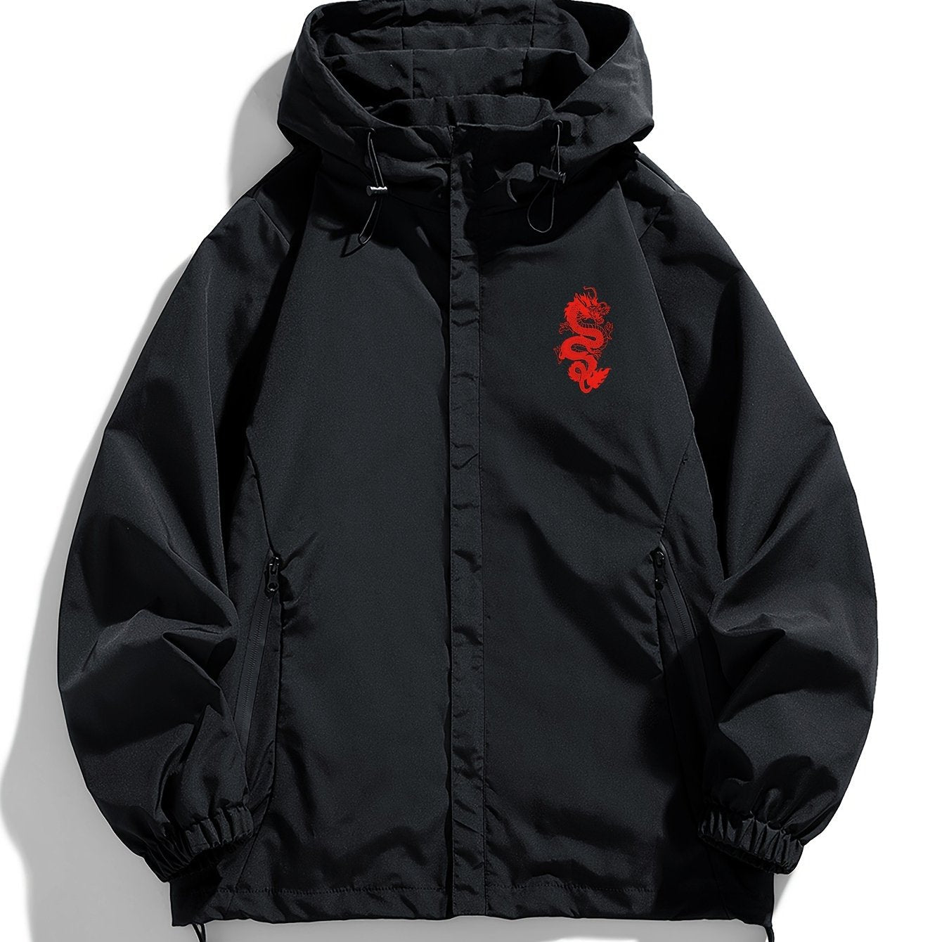 Unisex black windbreaker jacket with hood and red dragon design