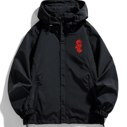 Unisex black windbreaker jacket with hood and red dragon design