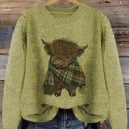 Women's Crew Neck Highland Cow Graphic Pullover Sweater