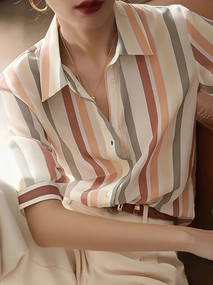 Women's Blouse Elegant Striped Short Sleeve Office Casual Style