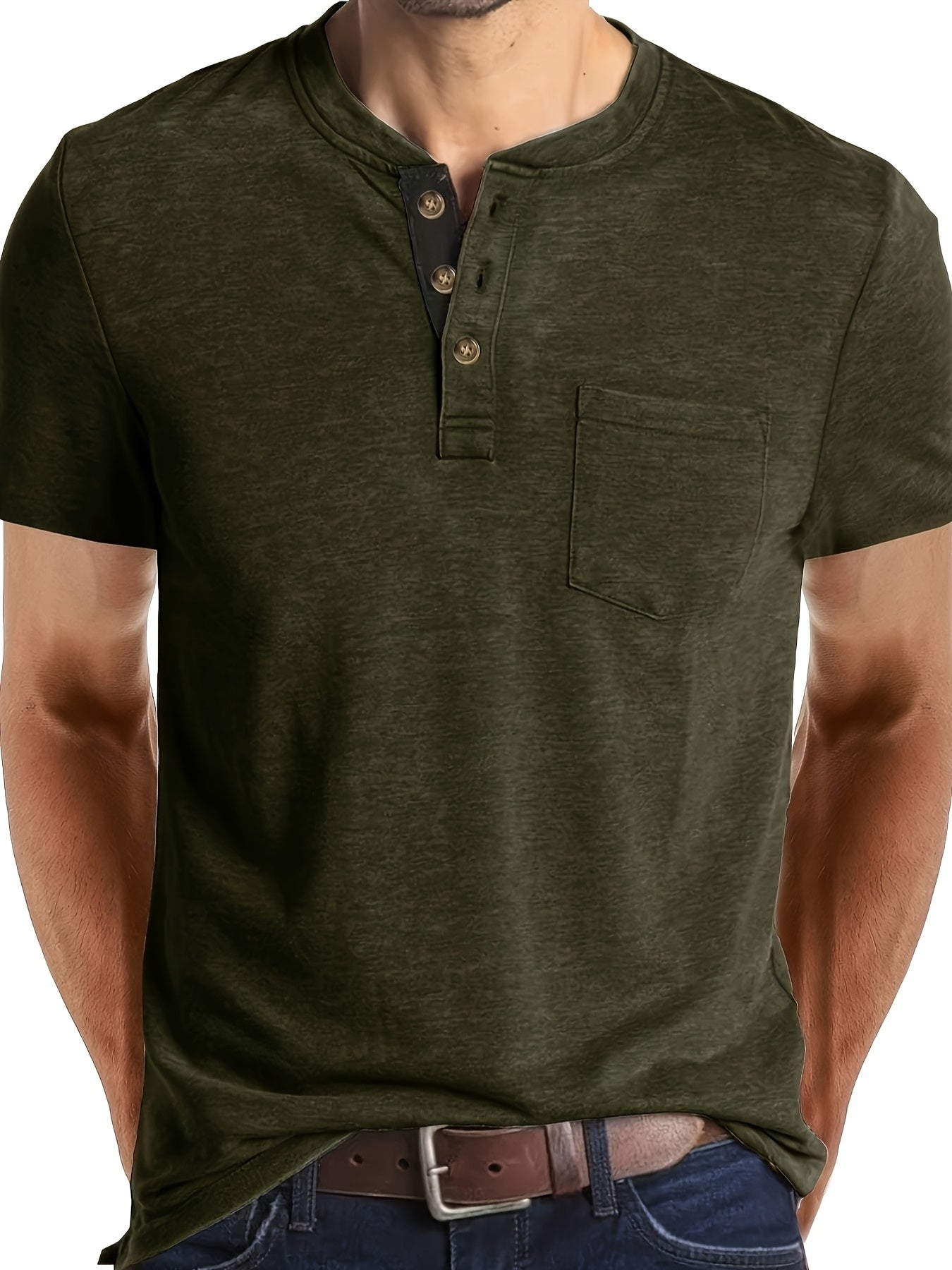 Herren Henley T-Shirt Kurzarm Casual Freizeitshirt mit Knopfleiste und Brusttasche