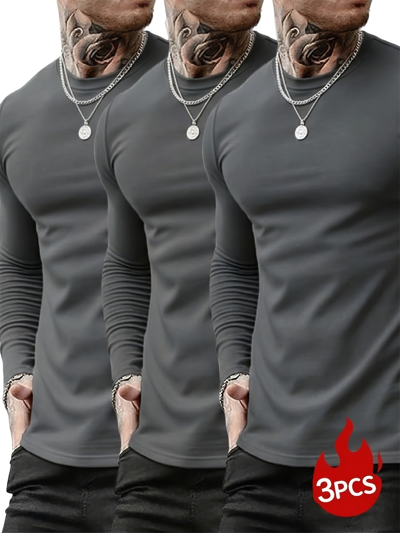 Herren Langarmshirt Rundhals 3er-Pack in Schwarz, Grau und Weiß
