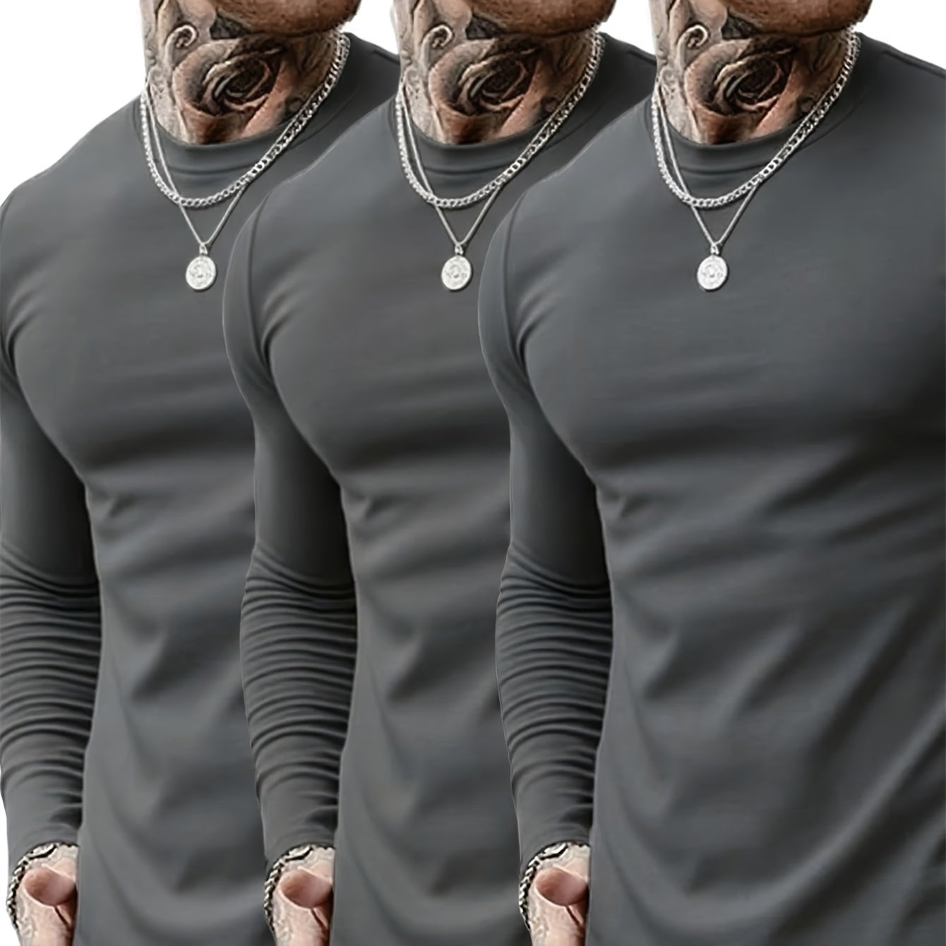 Herren Langarmshirt Rundhals 3er-Pack in Schwarz, Grau und Weiß