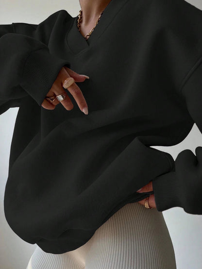 Black oversized V-neck sweatshirt for women