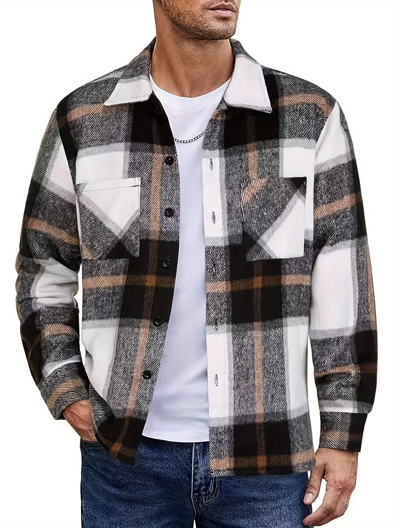 Men's Plaid Shirt Jacket, Long Sleeve, with Chest Pockets, Casual Shacket
