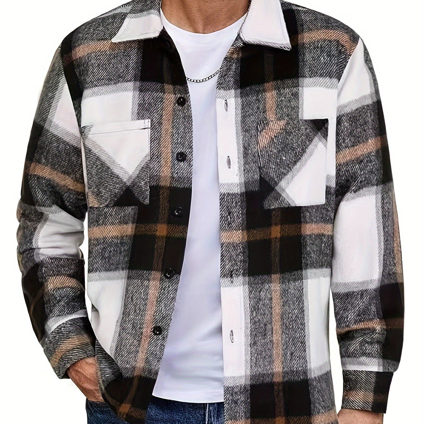 Men's Plaid Shirt Jacket, Long Sleeve, with Chest Pockets, Casual Shacket