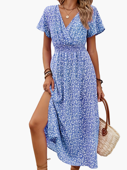 Damen Sommerkleid Elegant mit V-Ausschnitt und Blumenmuster – Perfekt für Freizeit, Urlaub und Alltag