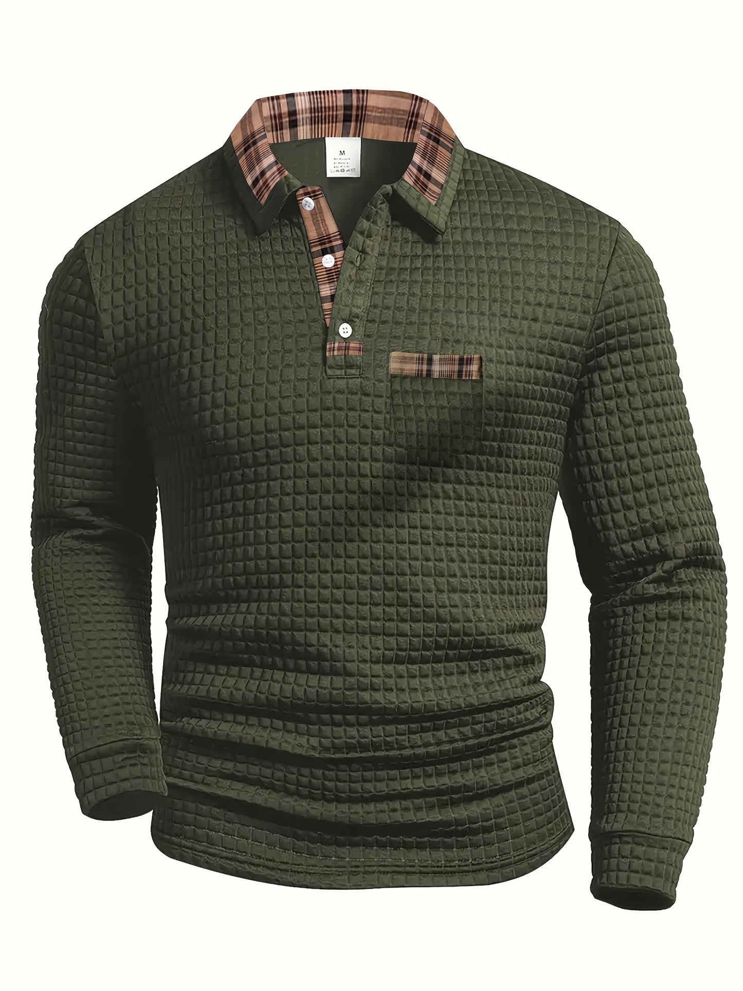 Men's long-sleeve polo shirt with waffle texture and checked pattern