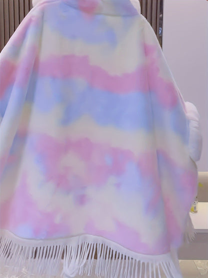 Colorful poncho cape with hood and fringes – fluffy cover-up cape