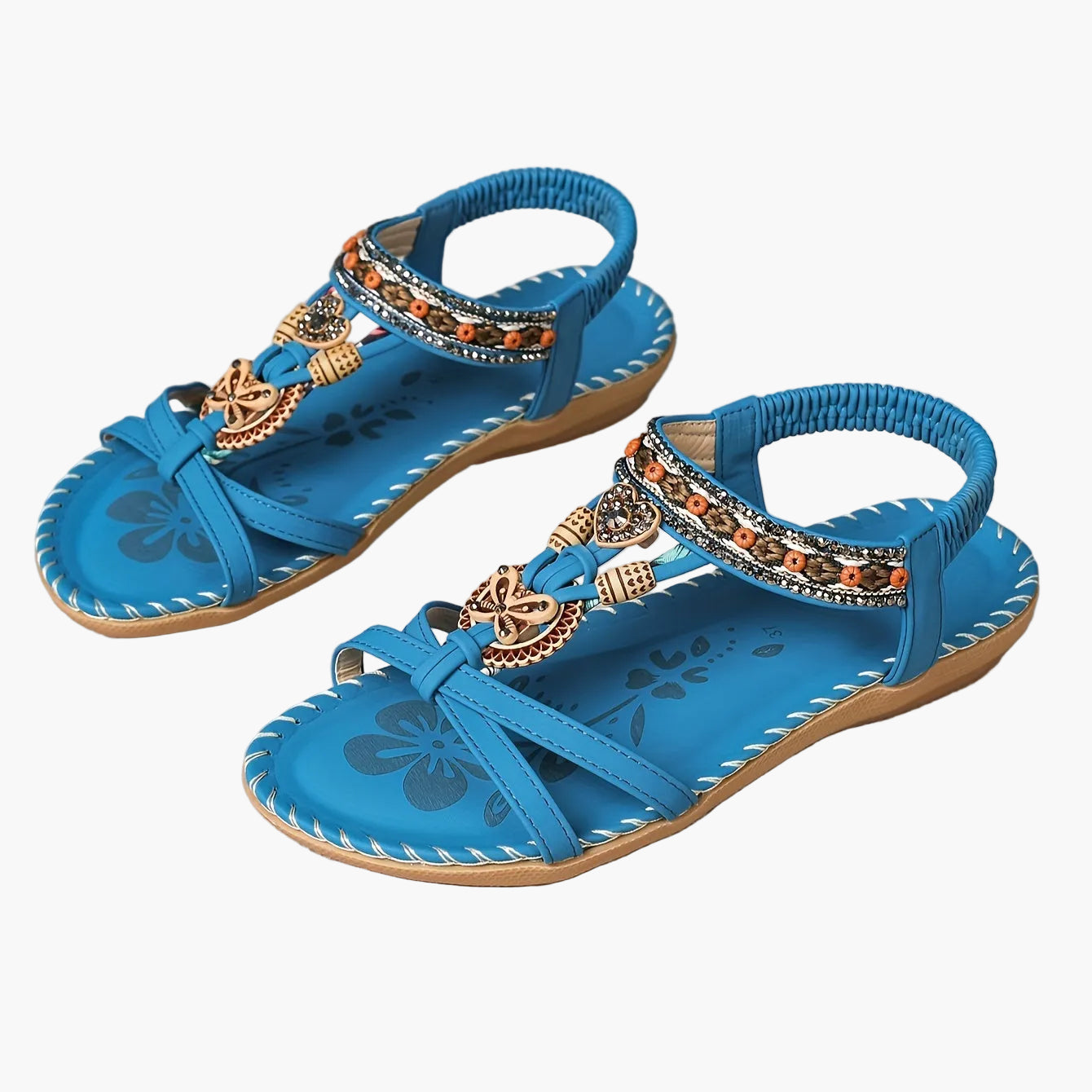 Women's Boho Sandals with Decorative Jewelry and Elastic Ankle Strap – Comfortable Summer Shoes for Casual Wear and Vacation