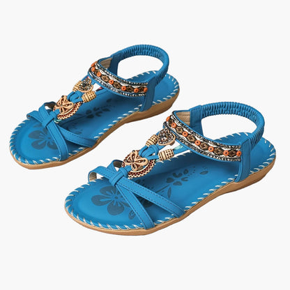 Women's Boho Sandals with Decorative Jewelry and Elastic Ankle Strap – Comfortable Summer Shoes for Casual Wear and Vacation