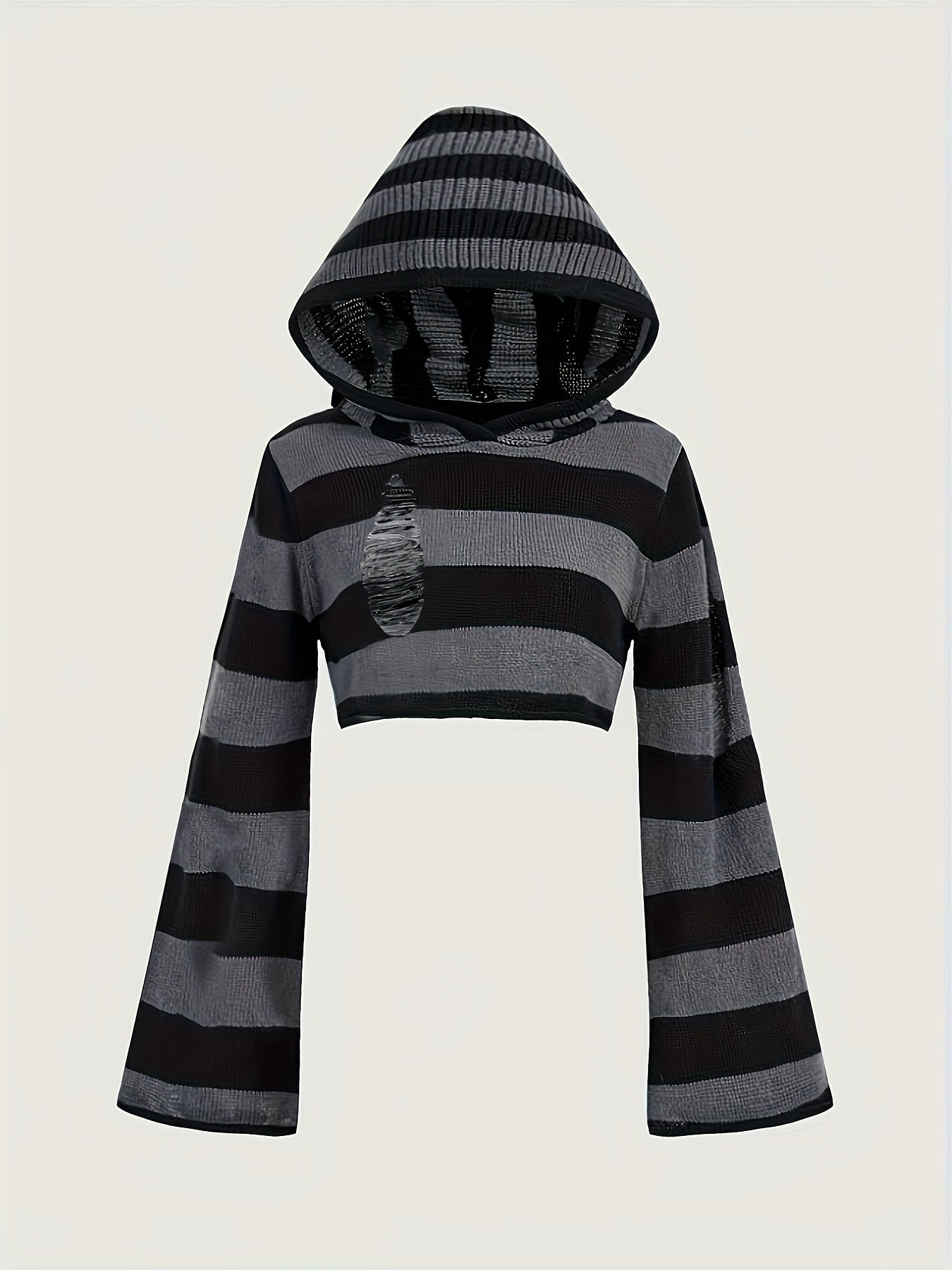 Gestreiftes Crop Top Hoodie mit Kapuze und weiten Ärmeln