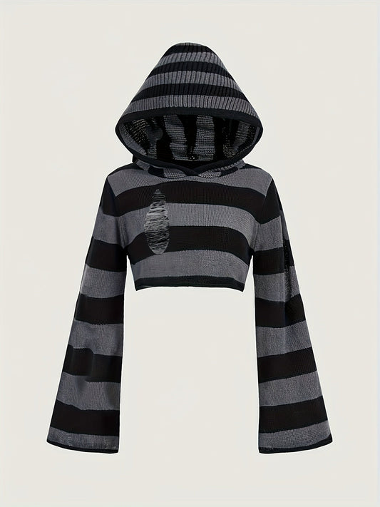 Gestreiftes Crop Top Hoodie mit Kapuze und weiten Ärmeln