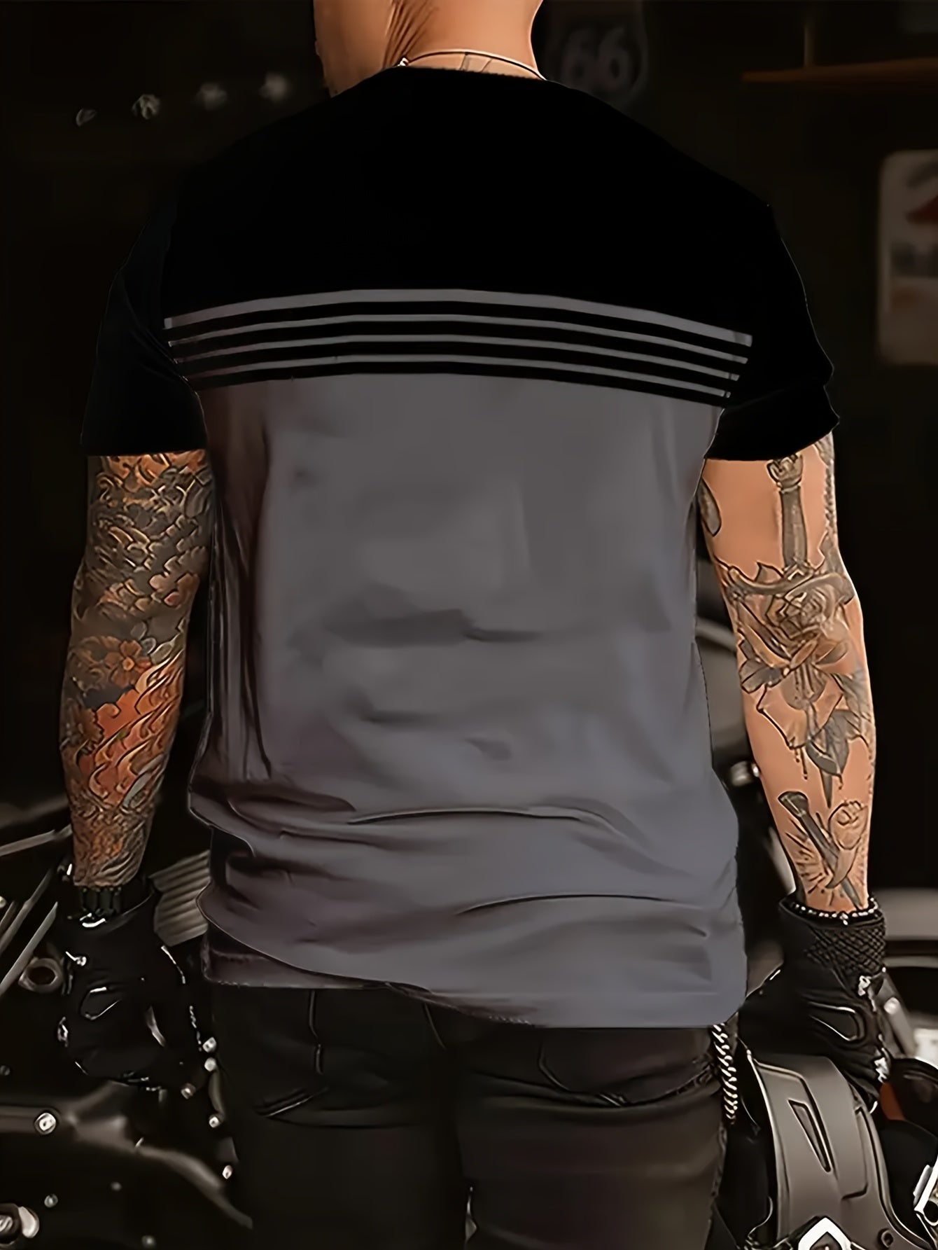 Men's T-shirt with striped pattern in biker style – short sleeve, casual, for motorcyclists