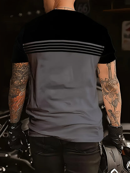 Men's T-shirt with striped pattern in biker style – short sleeve, casual, for motorcyclists