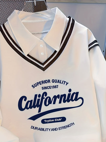 White long-sleeve sweater with collar and California lettering