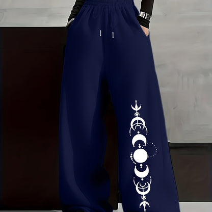 Wide-leg lounge pants with moon phase pattern, elastic waistband