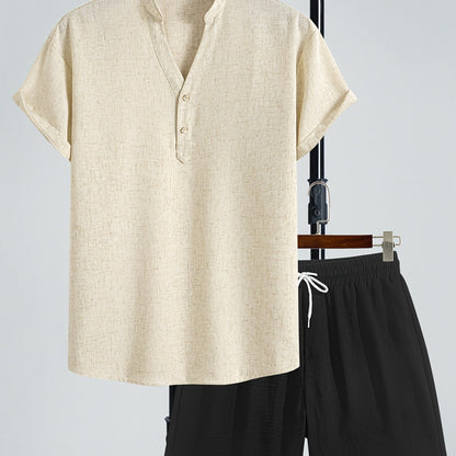 Men's Two-Piece Casual Set with Henley Shirt and Shorts – Modern Summer Outfit for Vacation & Everyday Wear