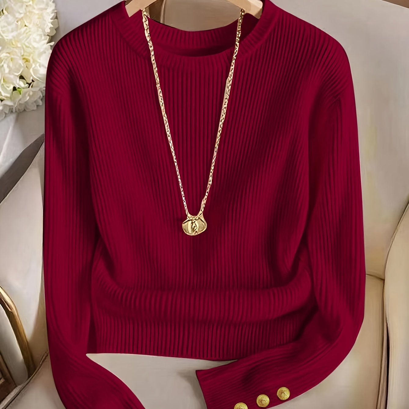 Women's rib-knit long-sleeve crew-neck sweater with buttons