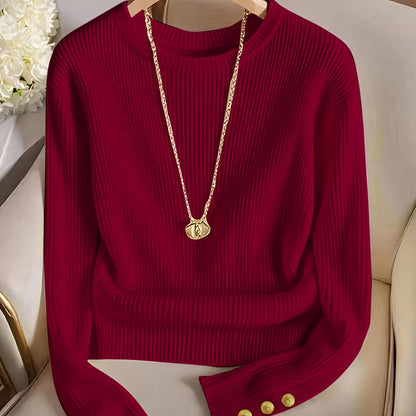 Women's rib-knit long-sleeve crew-neck sweater with buttons