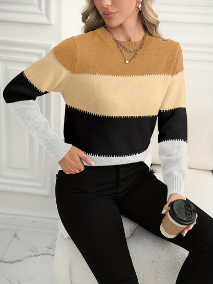 Women's crew-neck color-block knit sweater, long sleeve