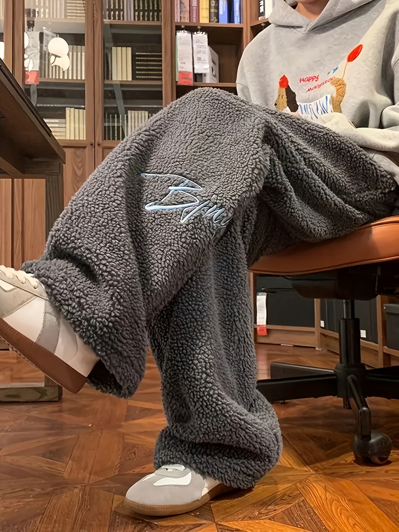 Wide Teddy Fleece Pants Unisex Plush Sweatpants Dark Gray