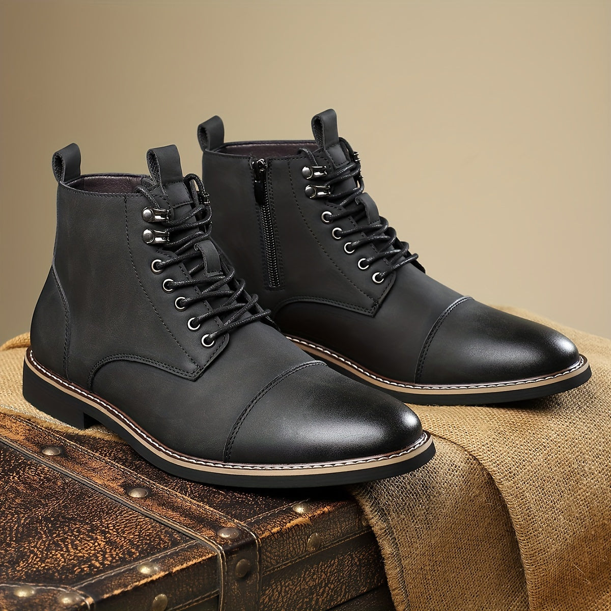 Men's brown lace-up ankle boots with cap toe and durable sole