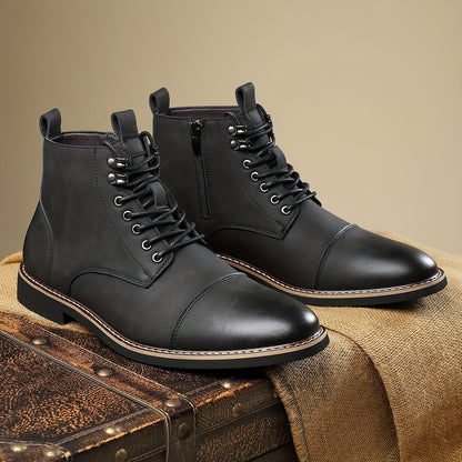 Men's brown lace-up ankle boots with cap toe and durable sole